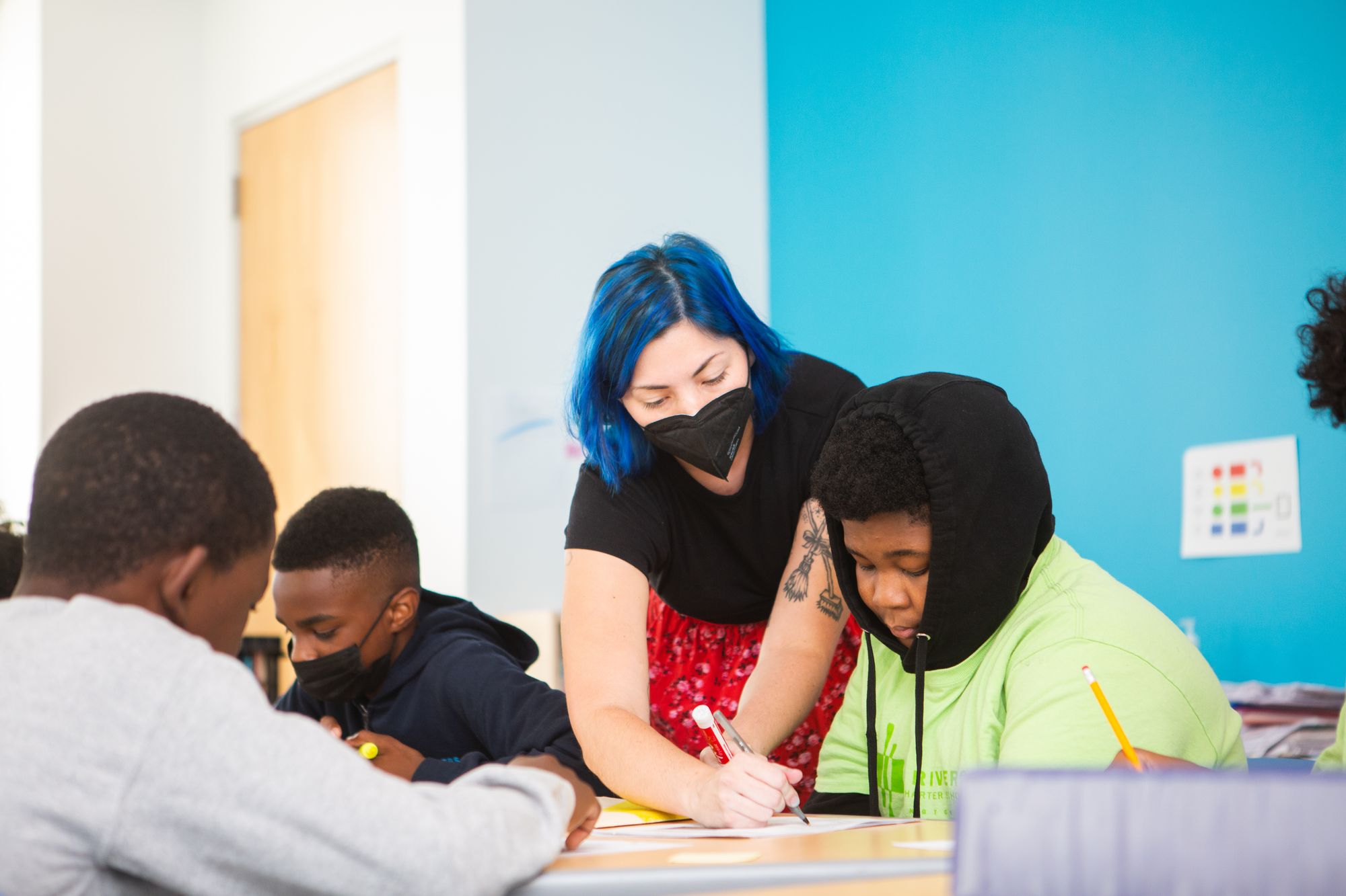 Students working on a CommonLit lesson with a teacher. 