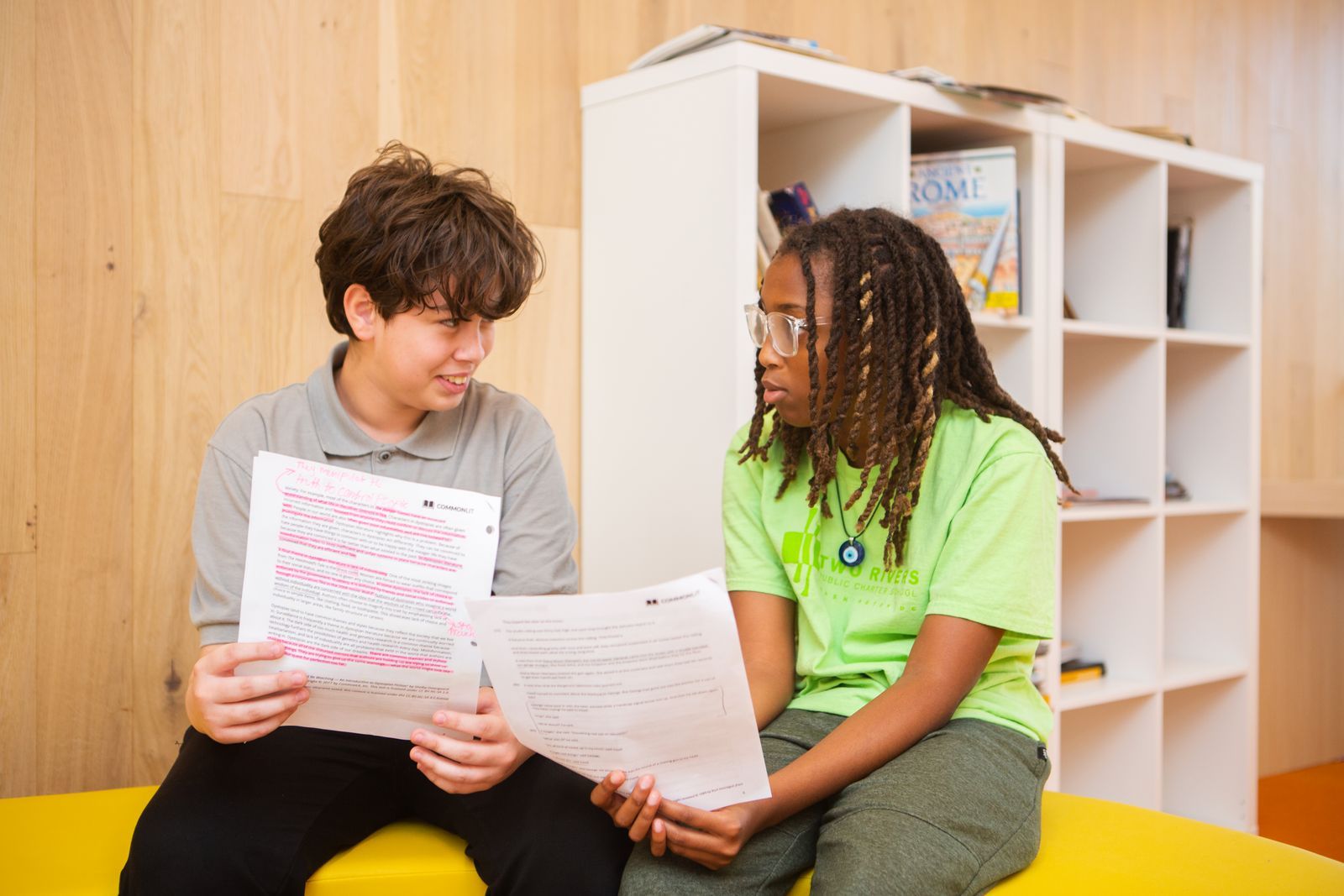 Two students engage in a Turn and Talk during a CommonLit 360 lesson. 