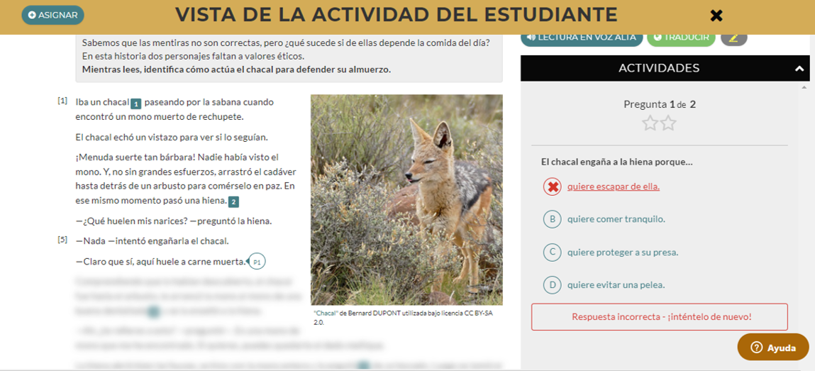 Un ejemplo del modo de lectura guiada para un estudiante.