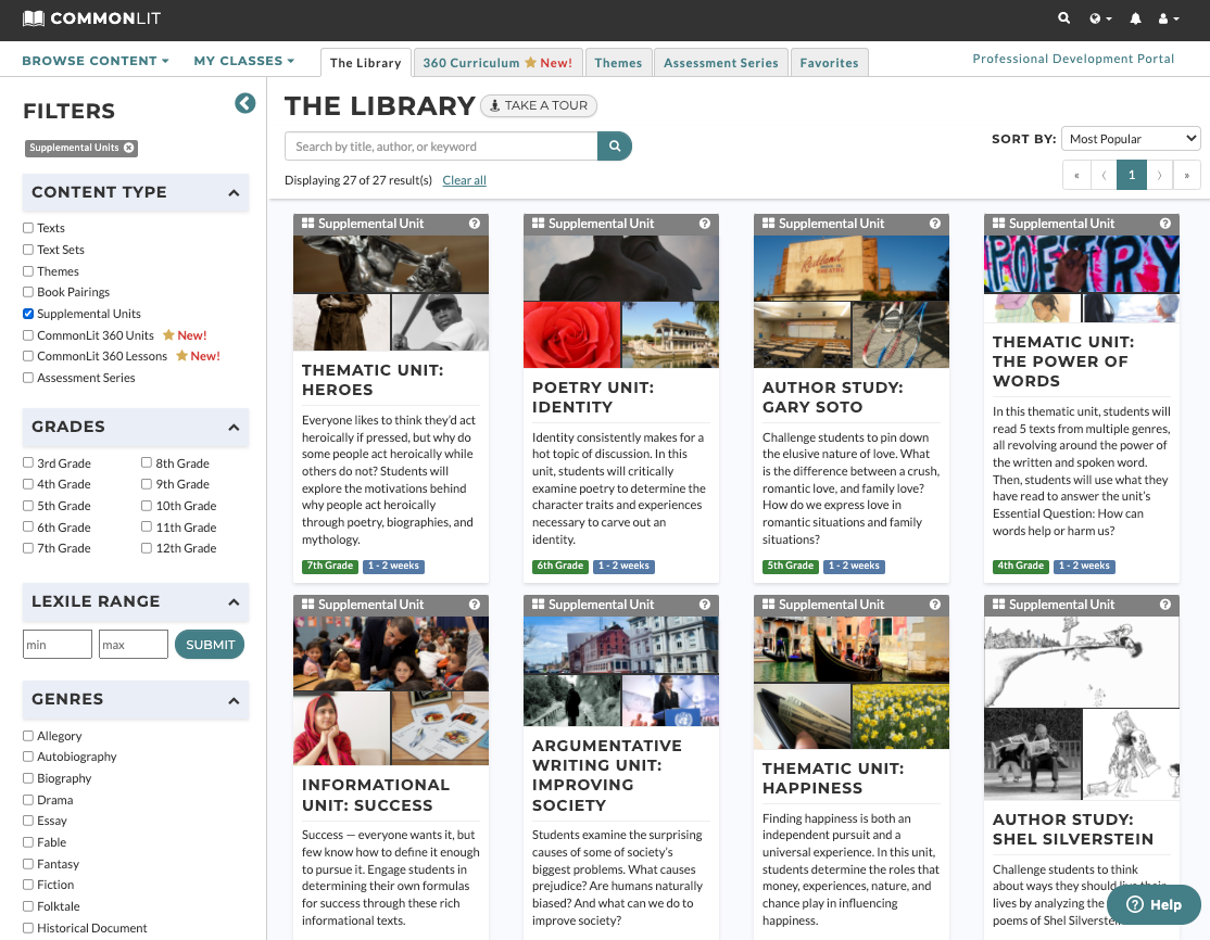CommonLit's library filtered for supplemental units. 