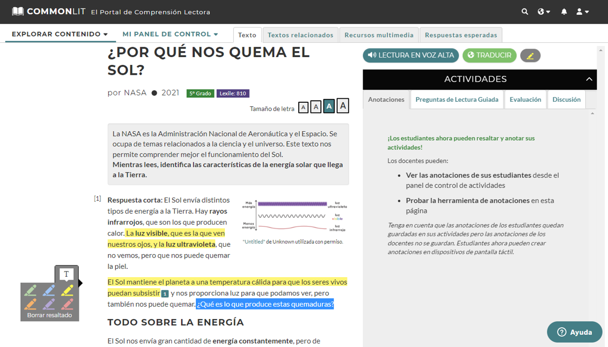 Imagen de la herramienta "Anotaciones" en el texto "¿Por qué nos quema el Sol?" en la plataforma CommonLit.