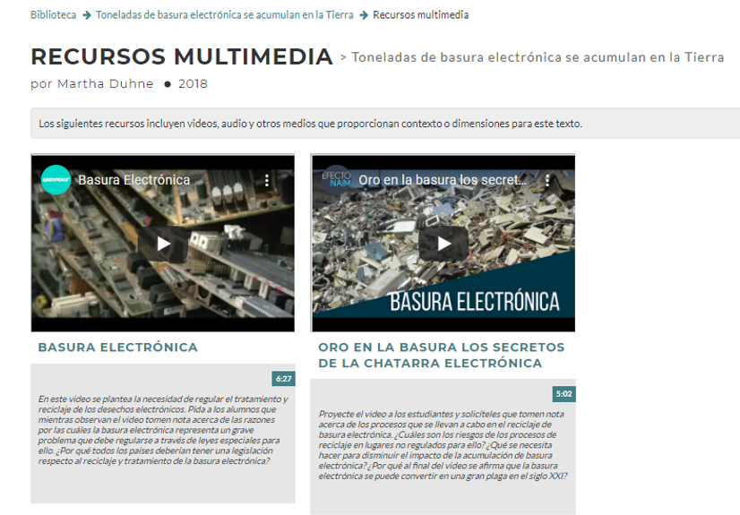 Imagen de los recursos multimedia del texto "Toneladas de basura electrónica se acumulan en la Tierra" disponible en la sesión de docente en CommonLit.