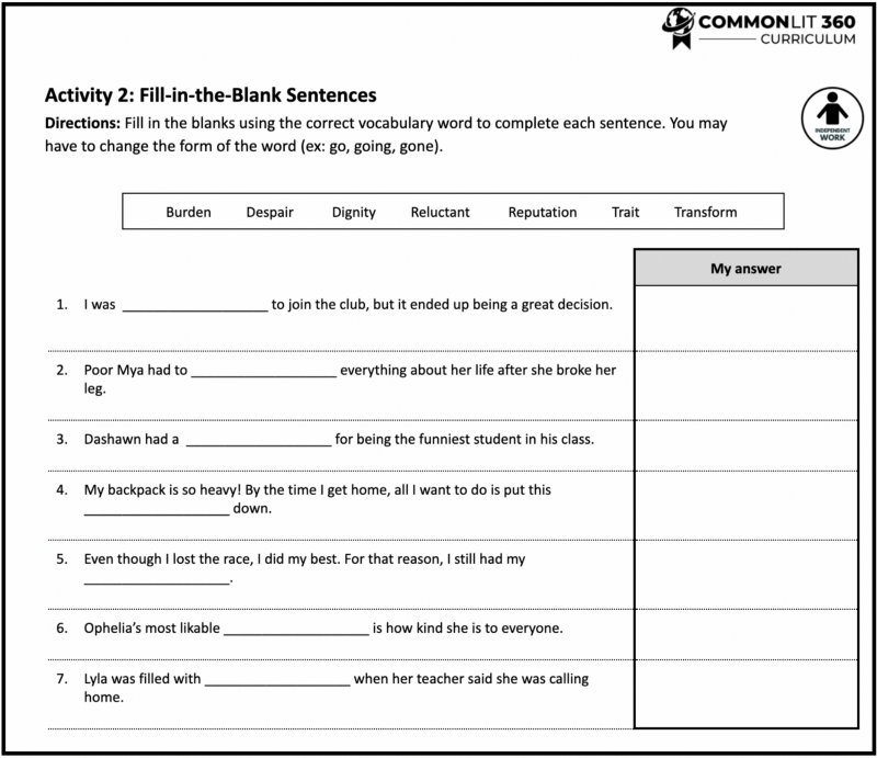 Students complete 5 vocabulary activities for each set of vocabulary words they learn. This is a matching activity.