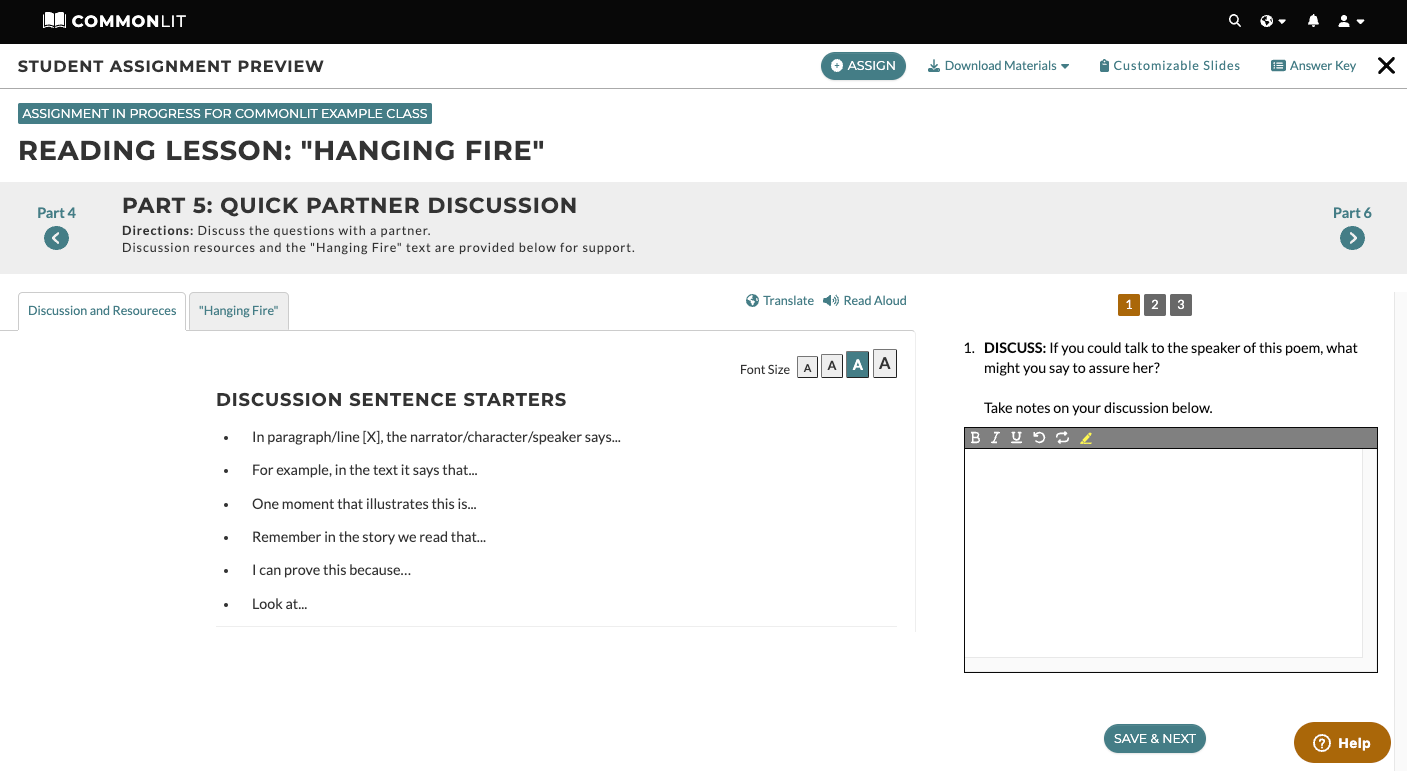 A screenshot of discussion lessons at the end of the Essential Reading Lesson "Hanging Fire" from 7th Grade Unit 2.