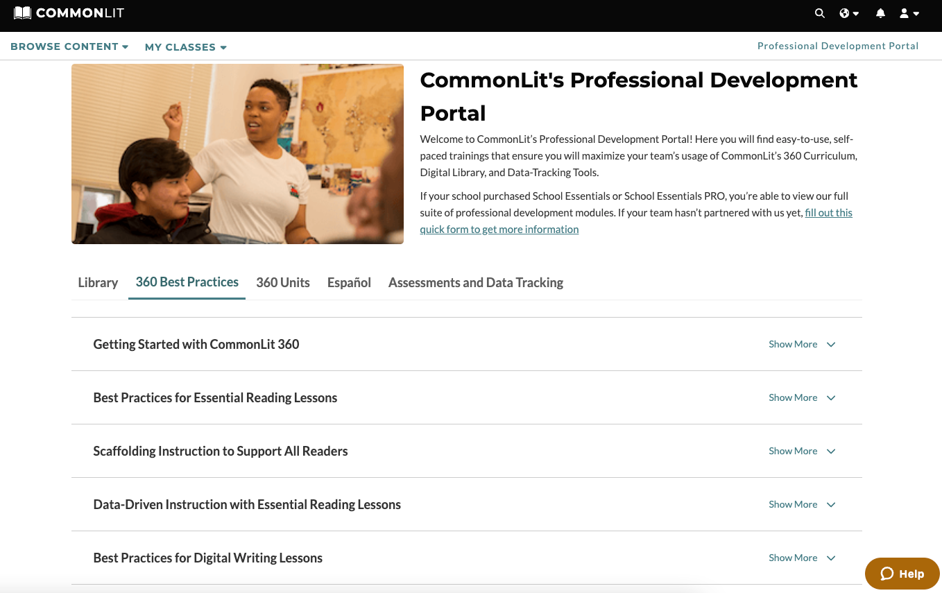 CommonLit's Professional Development Portal screenshot.