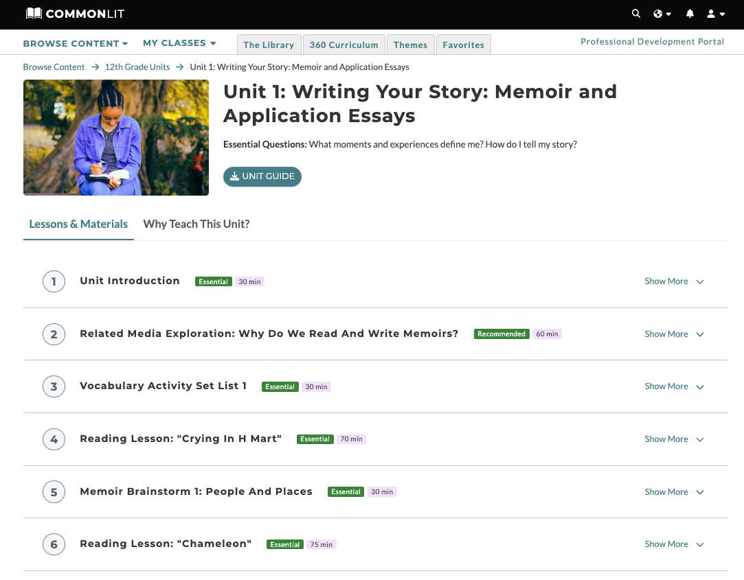 A screenshot of the lessons for 12th Grade Unit 1. 