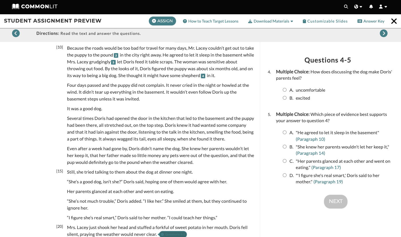 In this screenshot, the text is on the left and two multiple choice questions are on the right. The multiple choice questions ask students to assess how the parents feel and then select the best evidence that supports the previous answer.