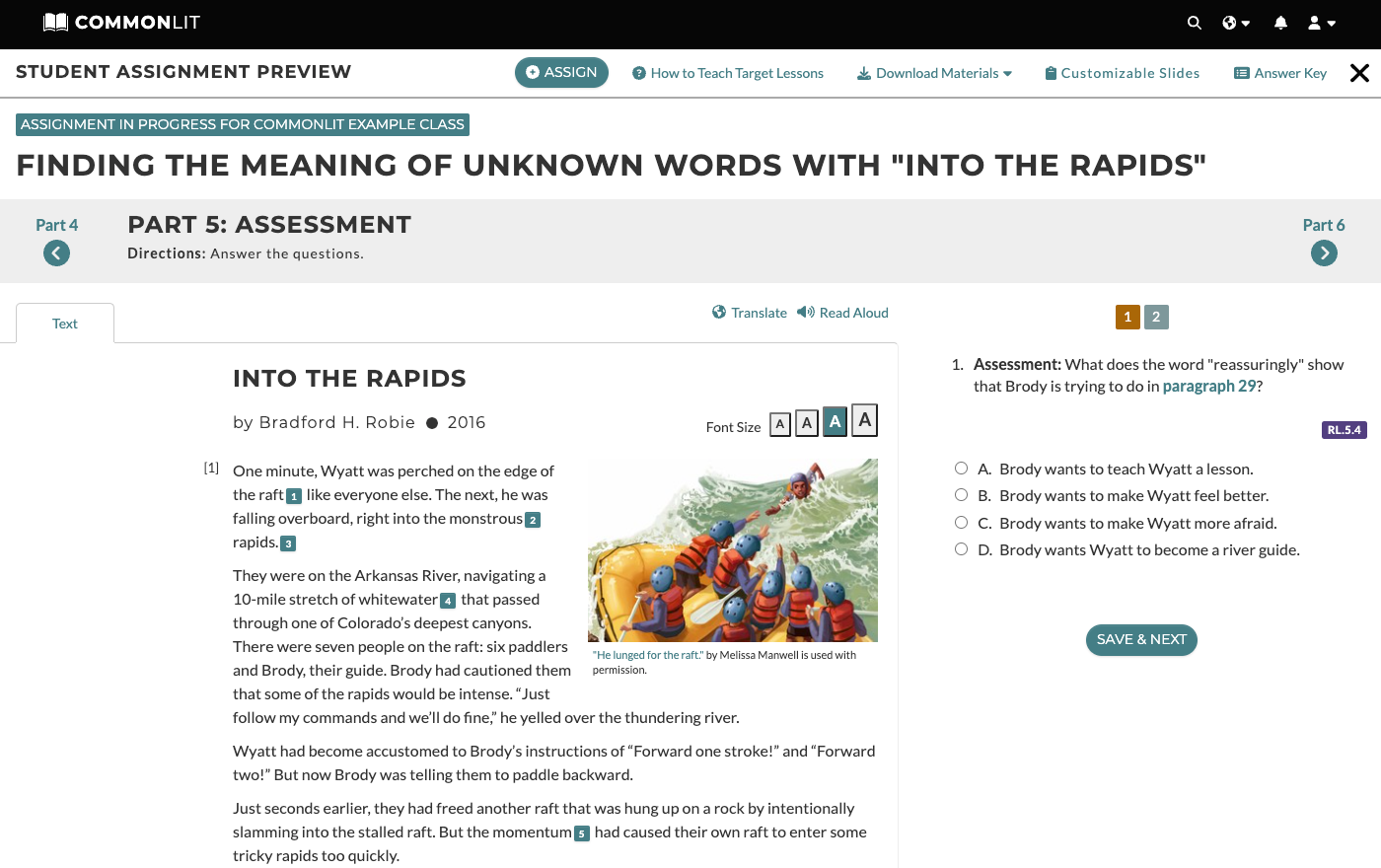 In this screenshot, the text "Into the Rapids" is on the left and the post-reading questions are on the right.