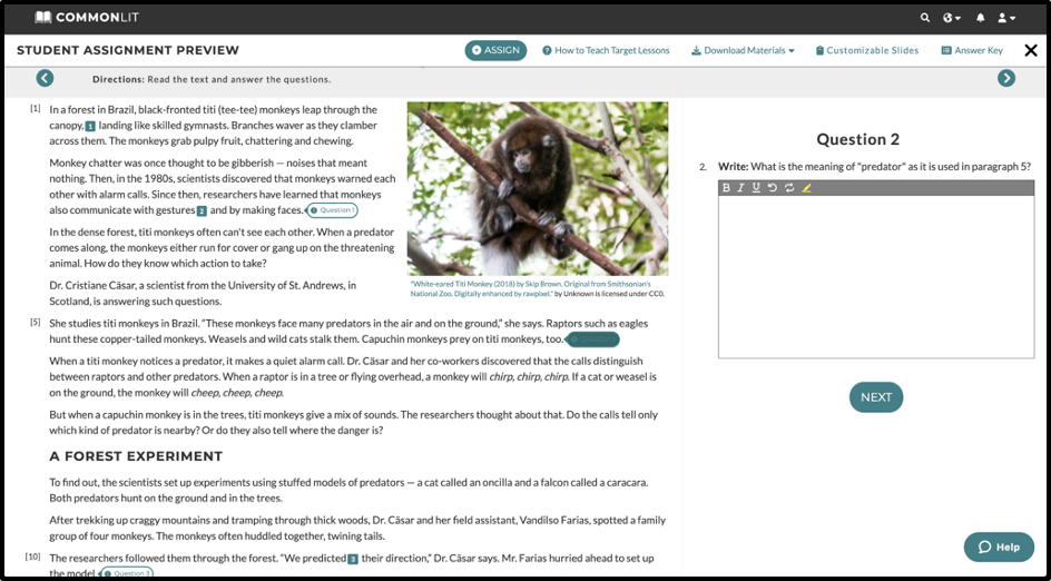 Screenshot of CommonLit's student assignment preview for Target Lessons