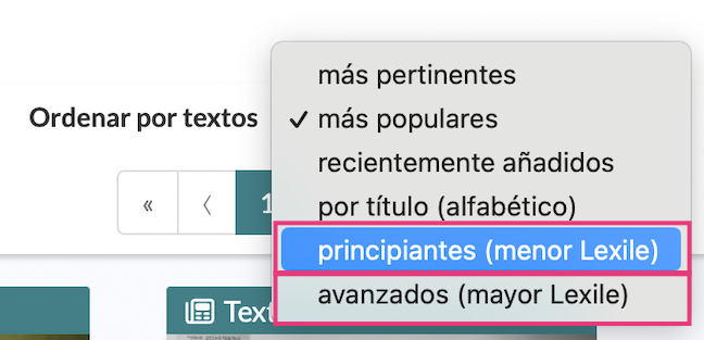 Un menú desplegable para ordenar textos de la biblioteca.