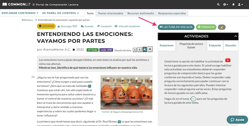 Página de un texto CommonLit, con una flecha mostrando dónde se encuentra el botón de Lectura en voz alta
