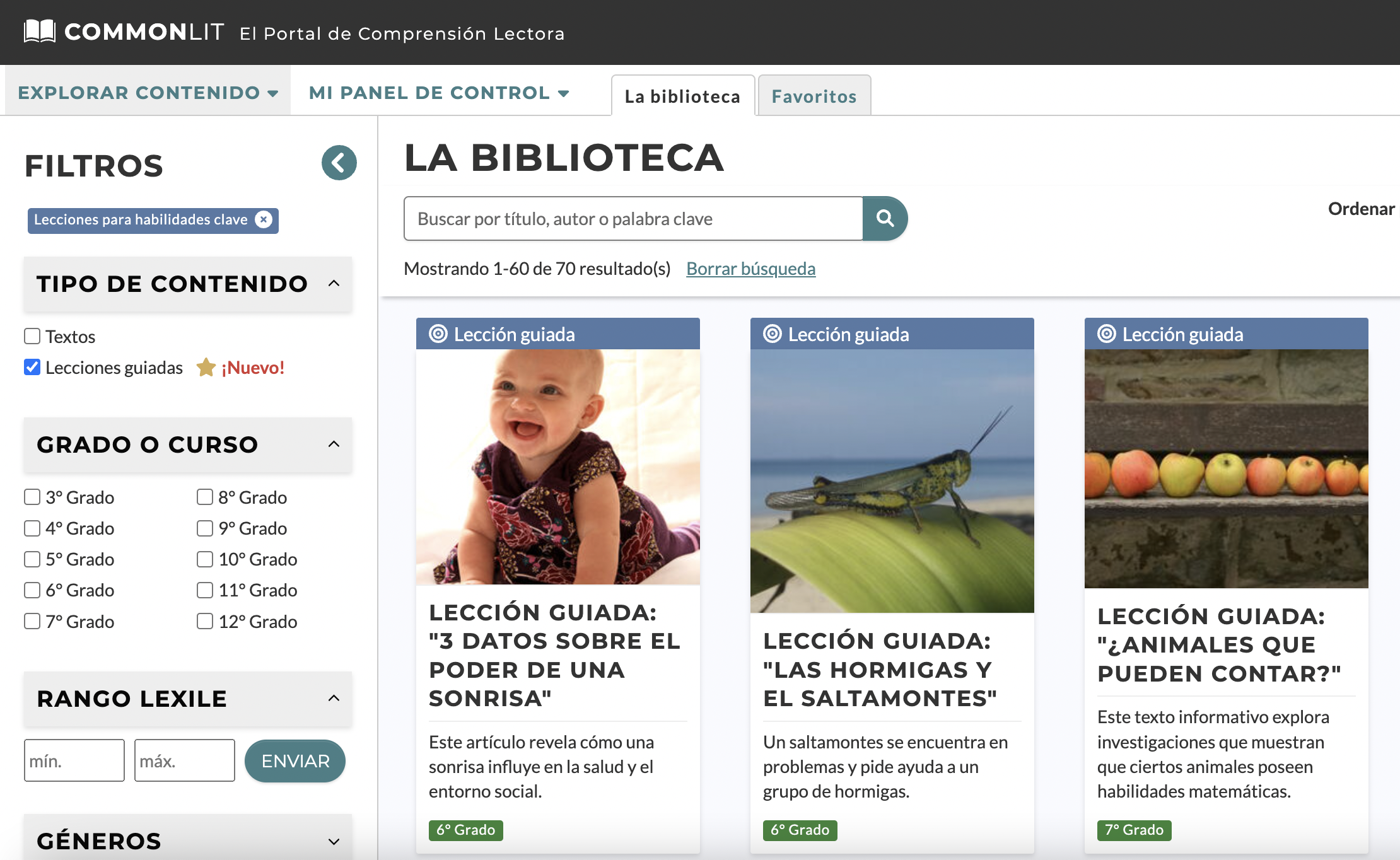  Página principal de la biblioteca CommonLit con el filtro "Lecciones guiadas"