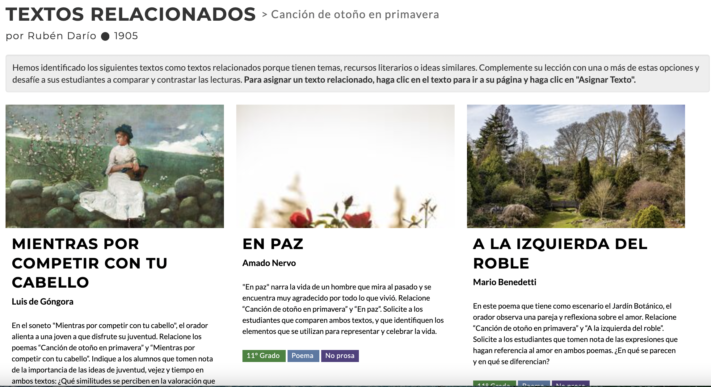 Los Textos relacionados del poema "Canción de otoño en primavera" en la plataforma CommonLit.