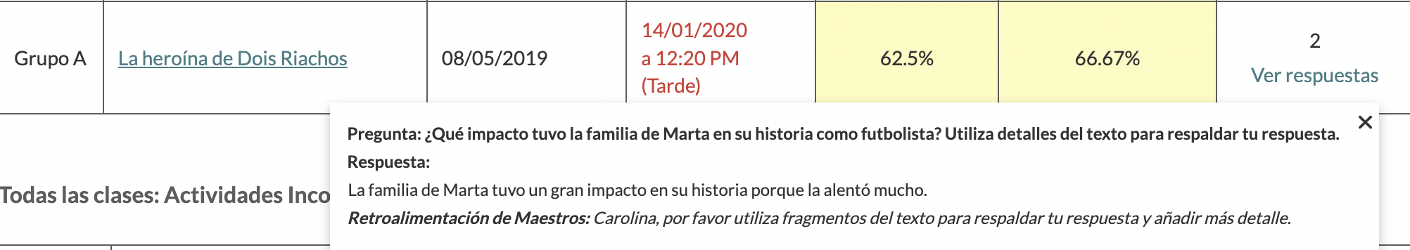 Captura de pantalla que muestra la respuesta corta de una alumna y la retroalimentación del docente