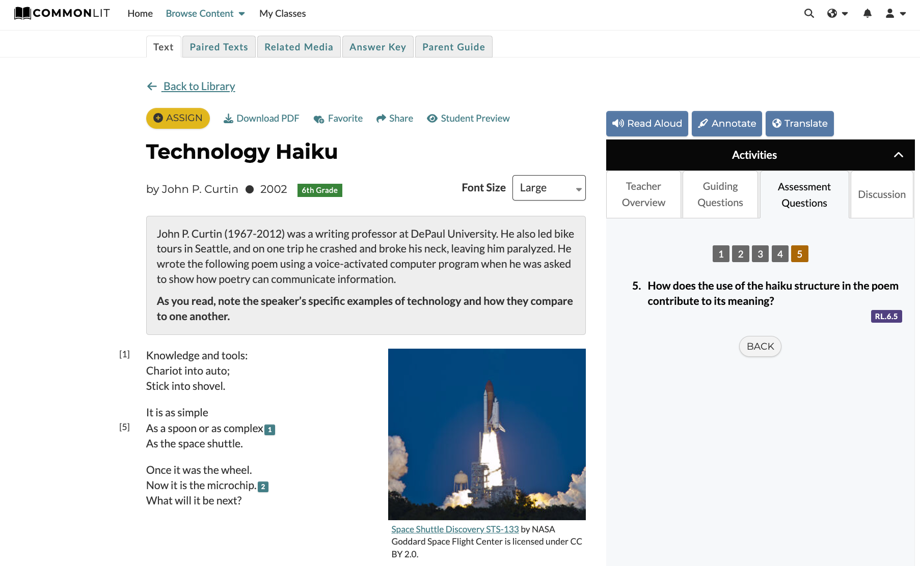 Screenshot of the poem "Technology Haiku" on CommonLit