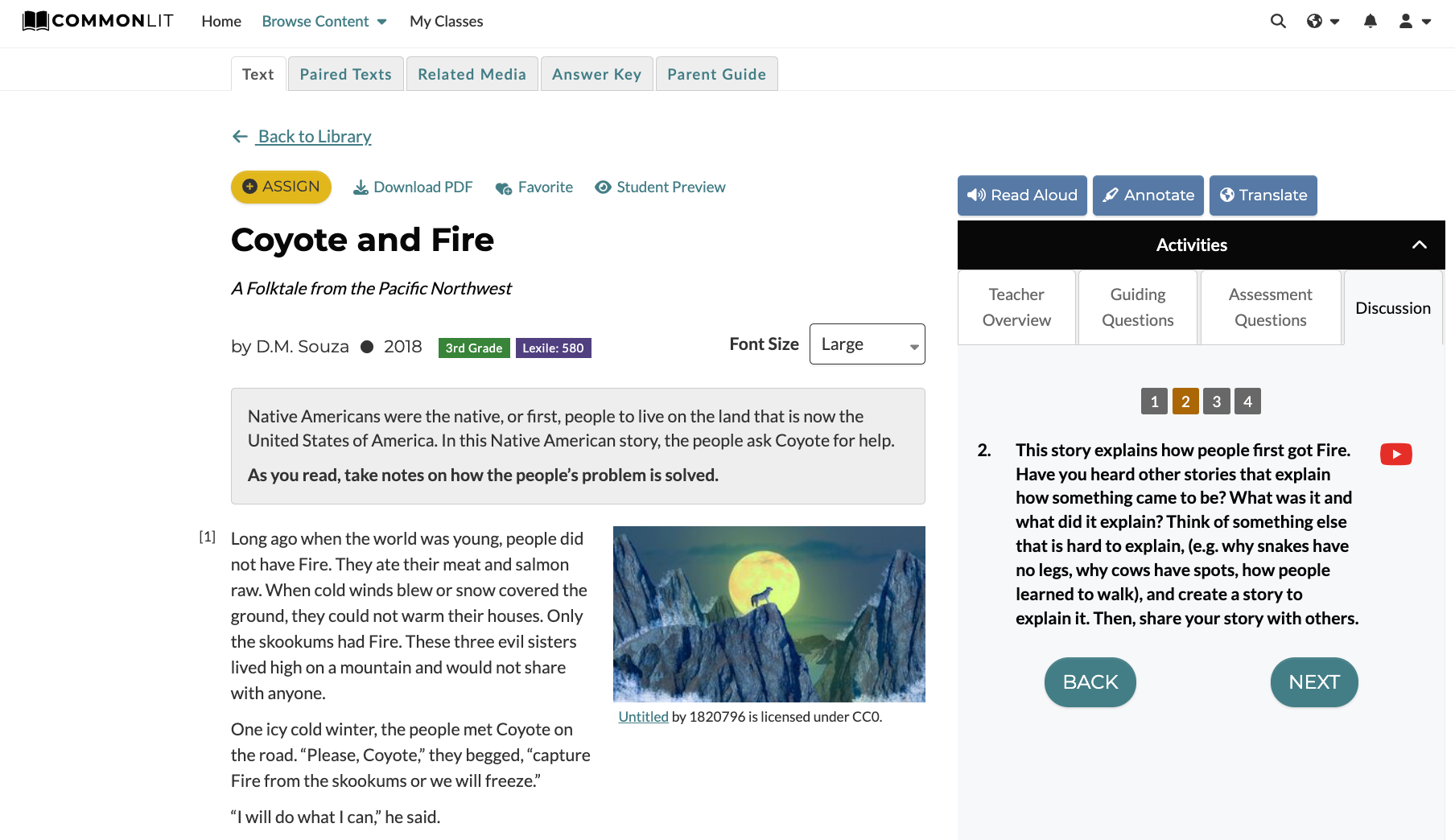 CommonLit Reading Lesson "Coyote and Fire: A Folktale from the Pacific Northwest" by D.M. Souza. This is a Native American Folktale.