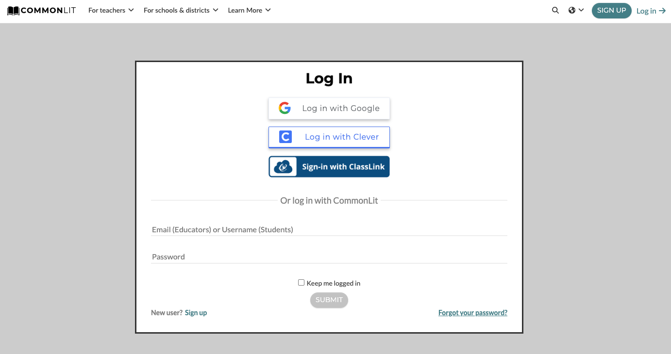 A screenshot of our options for logging into the CommonLit platform.