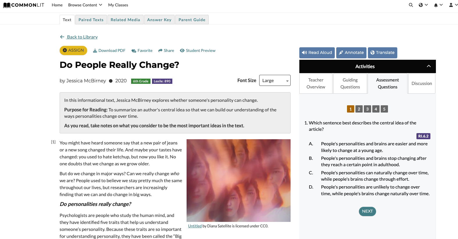 “Do People Really Change?” by Jessica McBirney lesson with Assessment Question 1 highlighted.