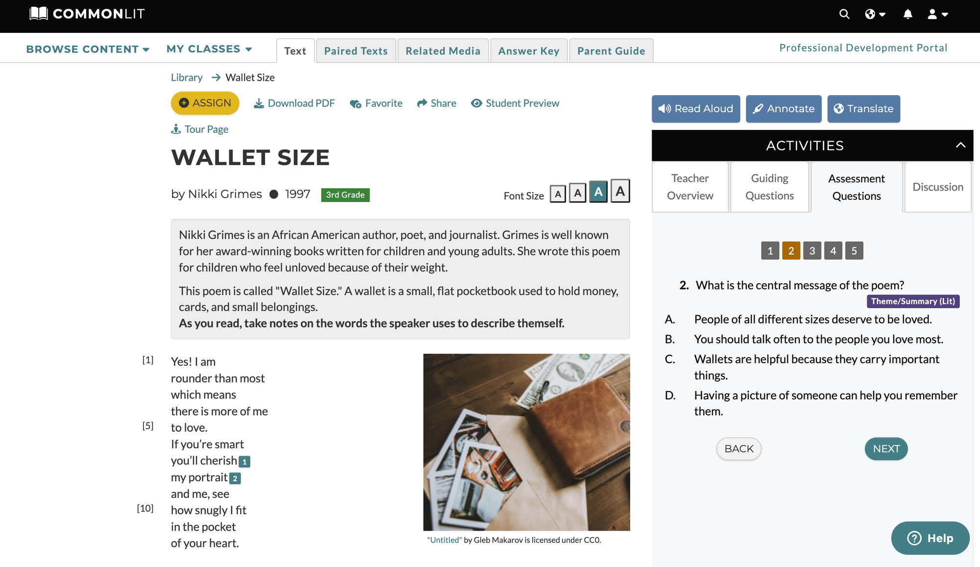 "Wallet Size" by Nikki Grimes on CommonLit with Assessment Questions