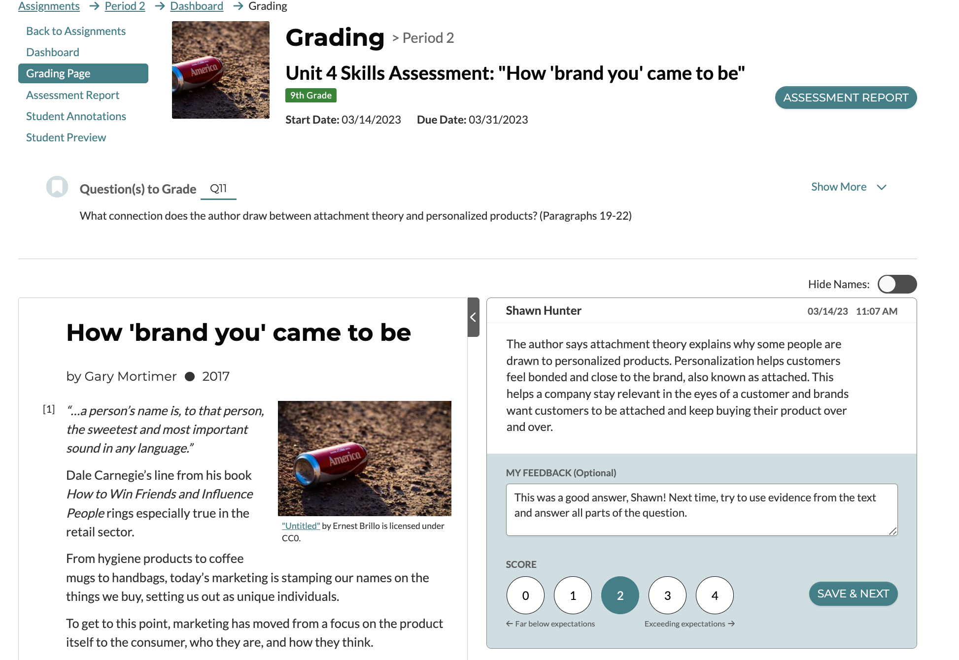 CommonLit's digital platform makes assigning and grading Unit Skills Assessments a breeze.